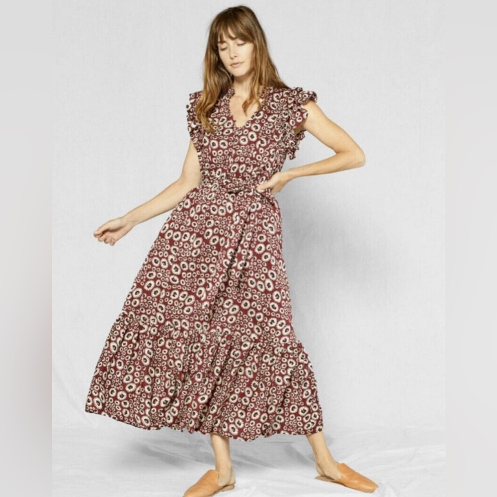 Outerknown Wine Floral Tiered Midi Dress